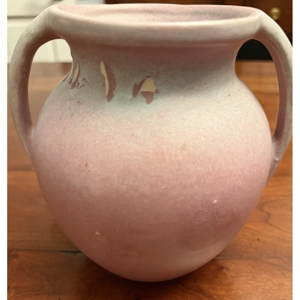 Vintage 1930s Niloak Pottery Hywood Vase Two Handle Matte Pink Green Ombre